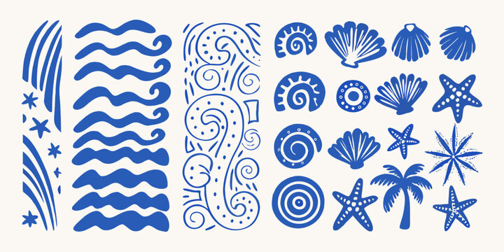 blue ocean elements pattern with waves and seashells