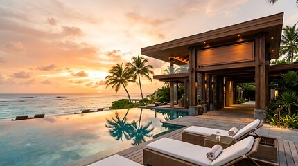Fototapeta premium Luxurious Tropical Villa Overlooking the Ocean at Sunset