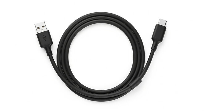 Black USB Type A to USB Type C Cable Coiled in a Circle on a White Background
