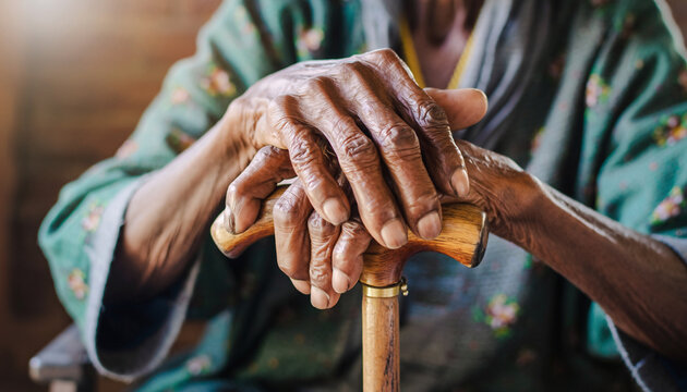Close-up of elderly hands resting on a wooden cane.