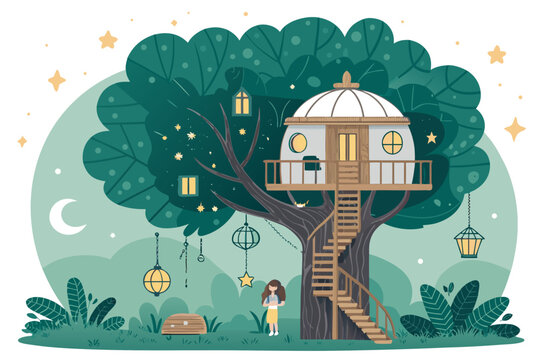 Fantasy Observatory Treehouse Background With Gian