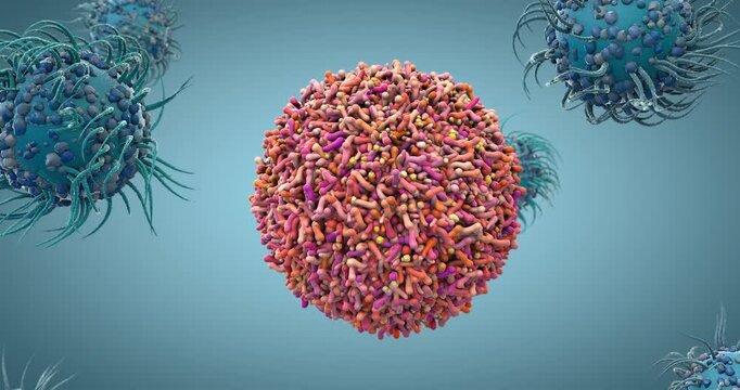 Immune cells latch onto a virus-infected cell, surrounding and attacking it as part of the human body&rsquo;s defense system - 3d illustration