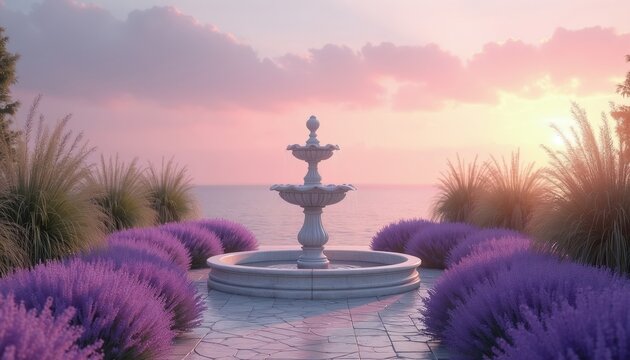 Tiered stone fountain with flowing water sits by ocean under pastel sunset sky. Purple lavender bushes and tall grasses flank walkway. Serene garden scene.