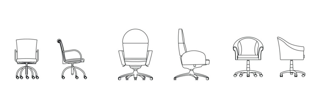 Variety of office chairs and swivel chairs in line art vector.