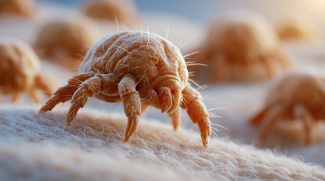 Microscopic view of dust mites on a mattress or fabric surface.