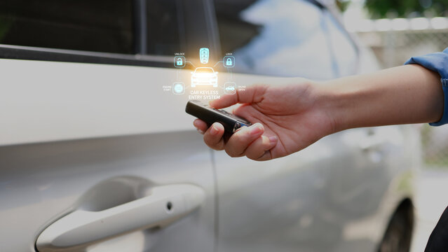 Person using car key fob to unlock a silver car door with tech icons overlay