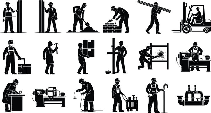 Construction and industrial worker silhouettes set featuring manual labor tasks and heavy machinery in flat vector style