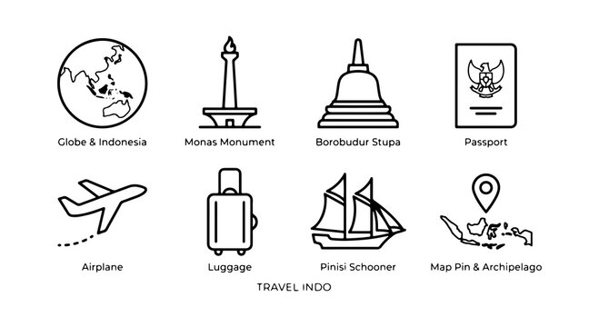 A collection of travel-related icons including a globe, monument, stupa, passport, airplane, luggage, ship, and map pin.