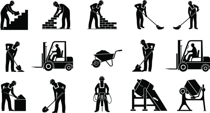 Construction worker silhouettes set with building tools machinery and manual labor tasks in flat black vector style
