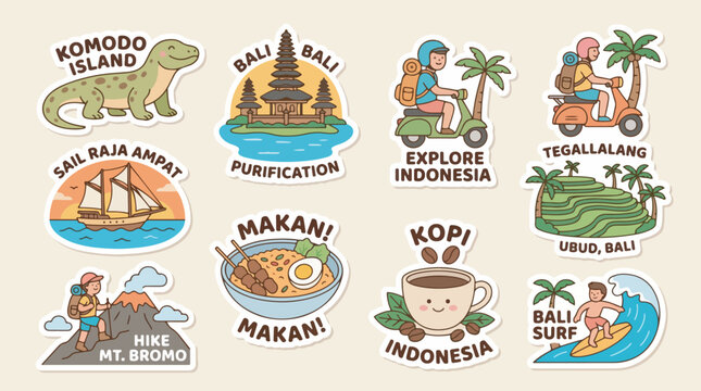 A collection of charming illustrated stickers depicting various iconic Indonesian travel destinations, cultural elements, and activities.