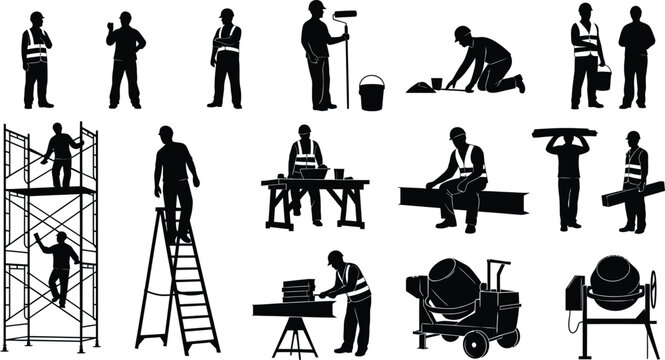Construction workers silhouettes set with builders on scaffolding ladders and concrete mixers in flat vector illustration style