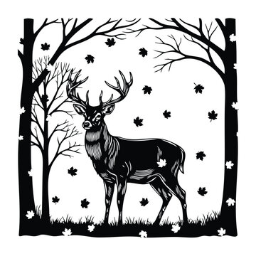 Majestic deer silhouette in forest landscape during the autumn fall season.