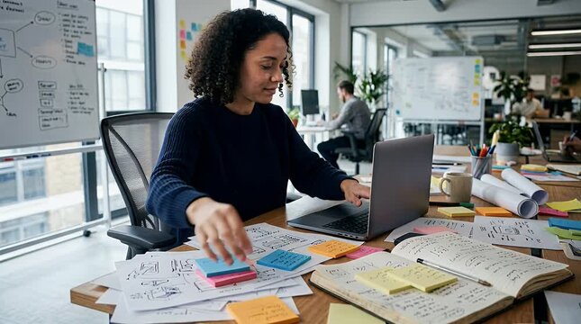 Woman working at desk with laptop and documents office interior