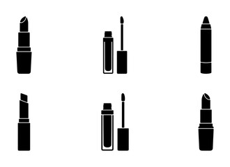 Obraz premium Six Black Silhouette Icons: Lipstick, Lip Gloss, and Lip Crayon Vector Set for Beauty and Cosmetics Design