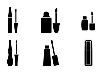 Obraz premium Mascara Icons Set, Beauty Product Vector Collection, Cosmetic Makeup Applicator Graphics, Black Silhouette Glamour Elements