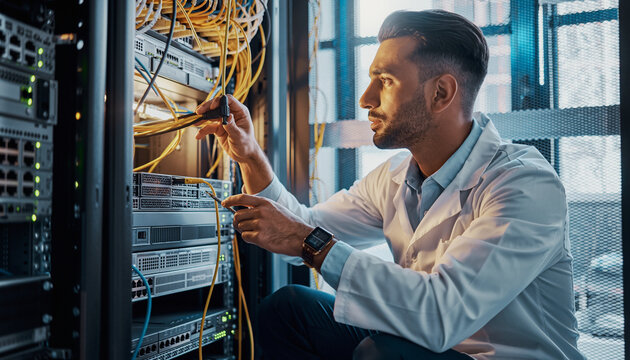 A technician working on network cables inside a server room.