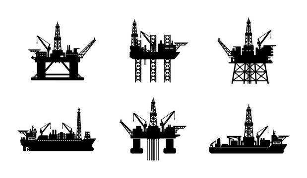 Offshore Oil Rig Icons, Industrial Platform Silhouettes, Marine Drilling Set, Energy Extraction Vector Collection