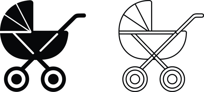 Baby carriage icon set, pram symbol vector illustration representing infant care parenting newborn transportation and childcare related design concepts.