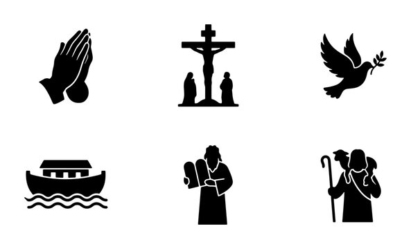 Christianity Icons Set: Prayer, Crucifixion, Dove, Noah's Ark, Prophet, Shepherd, Religious Symbols Vector Graphics