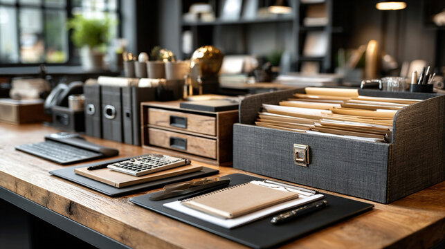 Business vendor setup with organized office files, documents, folders, professional workspace, modern corporate interior, productivity-focused desk setup