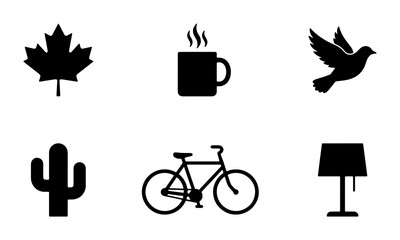 Minimalist Black Vector Icons Set: Maple Leaf, Coffee Cup, Dove, Cactus, Bicycle, Lamp. Simple Graphic Elements for Web and Print Design. © Mahmudul