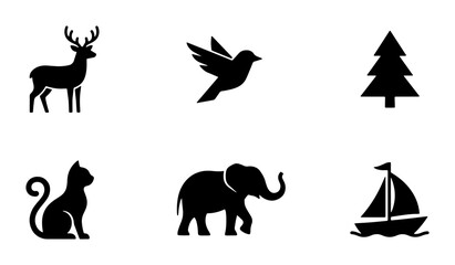 Minimalist Black Silhouette Icons: Deer, Bird, Tree, Cat, Elephant, Sailboat. Simple Vector Graphics for Nature, Wildlife, and Travel Themes. © Mahmudul