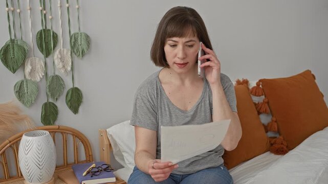 Woman sitting on bed holding smartphone and document, hand to ear while reading a bill next to a bedside table and cushions in a building; worry.