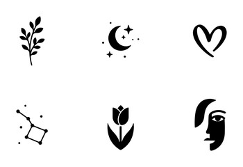 Obraz premium Minimalist Black Icons Set: Branch, Moon, Heart, Constellation, Tulip, Face, Vector Graphics for Branding and Design