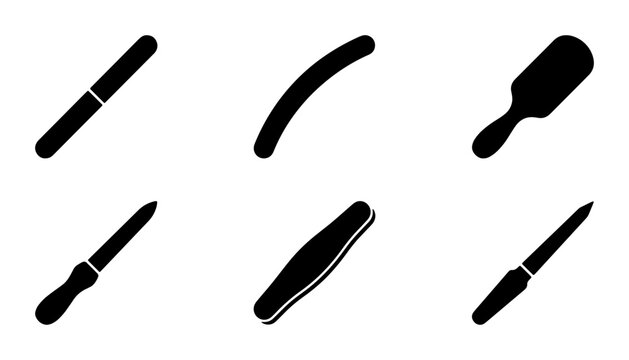 Nail Care Tools Vector Icons Set, Manicure Equipment Silhouettes, Pedicure Instruments Collection, Beauty Salon Essentials, Black and White Graphics