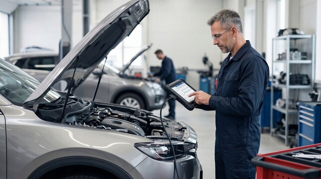 Professional mechanic uses a digital diagnostic tablet to inspect the engine of a modern silver car in an auto repair shop.