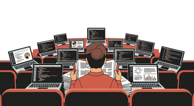 Young coder surrounded by multiple laptops in a lecture hall, learning programming and technology