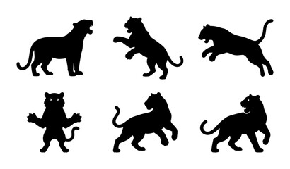 Six Silhouette Big Cat Vector Icons: Tiger, Lion, Panther Poses, Wild Animal Graphics, Black and White Wildlife Collection © Tasmia