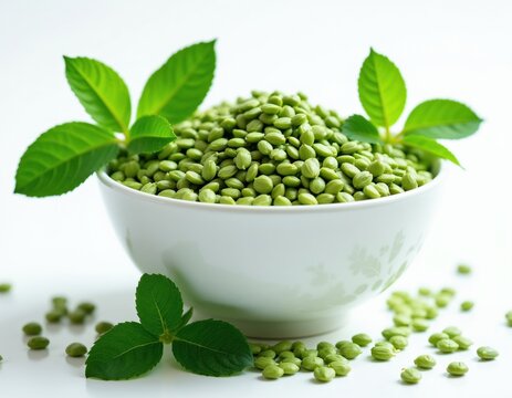 White bowl filled with fresh green guar seeds and leaves. Scattered seeds surround the bowl on white surface. Healthy food ingredient for natural diet.
