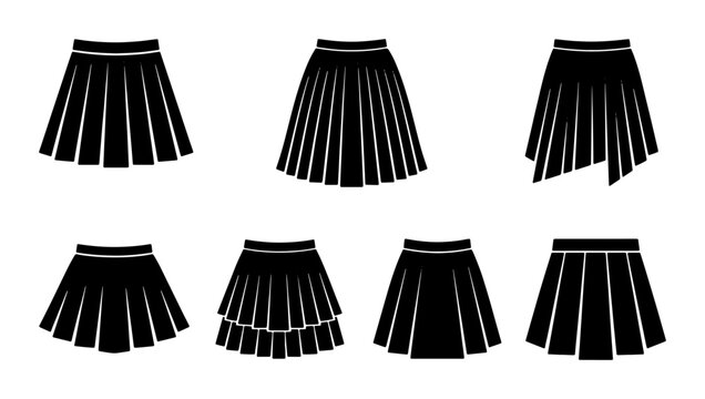 Pleated Skirt Silhouettes, Fashion Vector Icons Set: Diverse Styles, Black and White Graphics for Apparel Design, Clothing Templates, and Style Guides