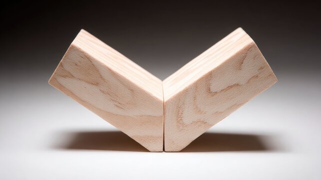 miter. Two wooden blocks forming a perfect miter joint, minimalist composition. safety posters, maintenance manuals, designed for precision metalworking and fabrication facilities.
