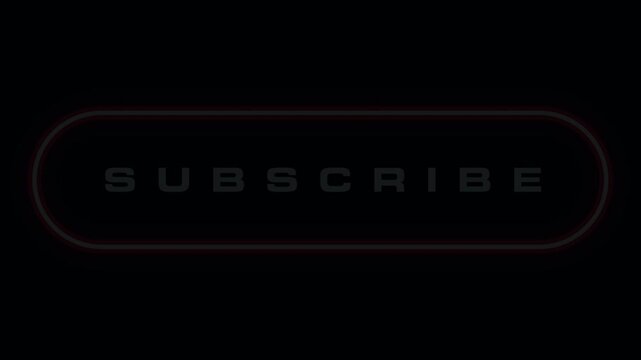 Animated subscribe button with glowing red neon light frame overlaying on plain black background for social media channel growth promotion content creation video digital marketing element.