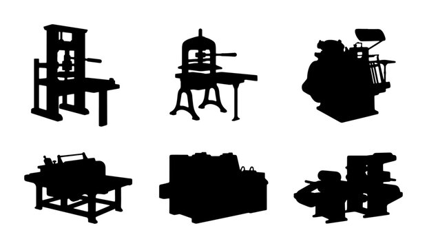Vintage Printing Press Silhouettes, Industrial Machinery Icons, Retro Lithography Equipment, Historical Typography Tools