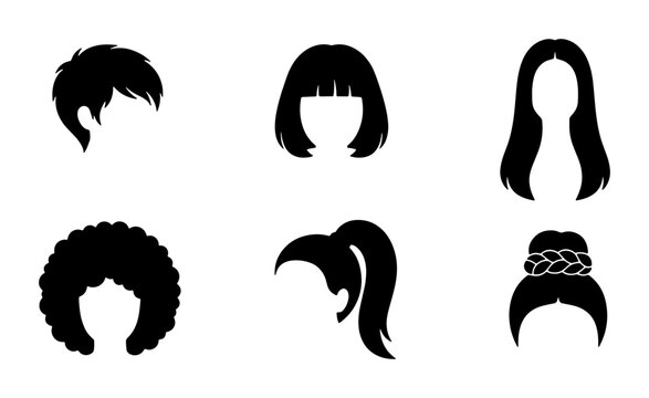 Diverse Hairstyles Collection, Vector Icons Set: Trendy Wigs, Elegant Updos, Short Cuts, Ponytails, Afro Styles for Beauty & Fashion Graphics