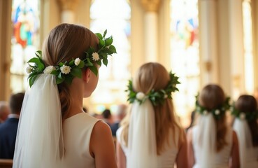 Fototapeta premium Young girls wear floral wreaths and veils at a religious ceremony. They sit in church during a sacred event. White dresses and pure innocence mark their first communion.