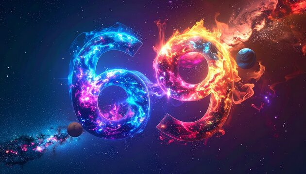 Glowing numbers sixty nine float in space with colorful nebulae and stars.