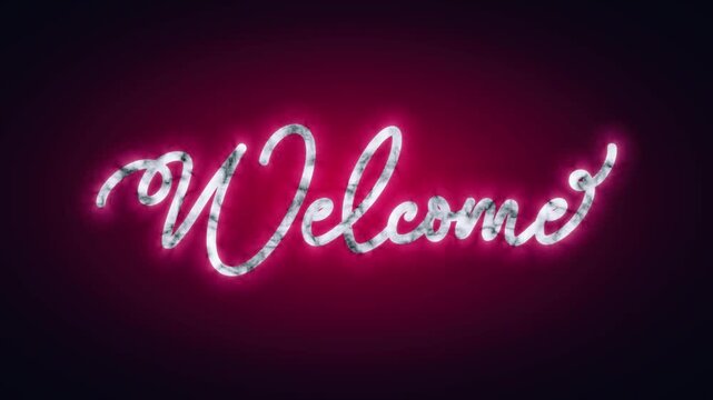 Welcome sign neon light animation glowing pink aura decorative cursive lettering video footage for greeting sequences lobby entryways digital displays events cinematic motion graphics.