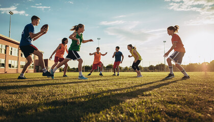 Fototapeta premium Children playing soccer on a grassy field during sunset.