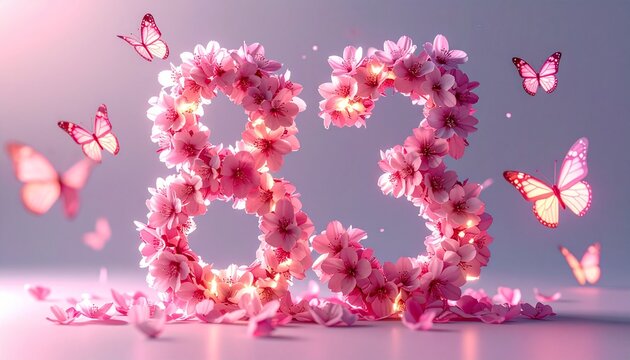 Pink floral numbers eighty-three surrounded by butterflies and petals on purple background
