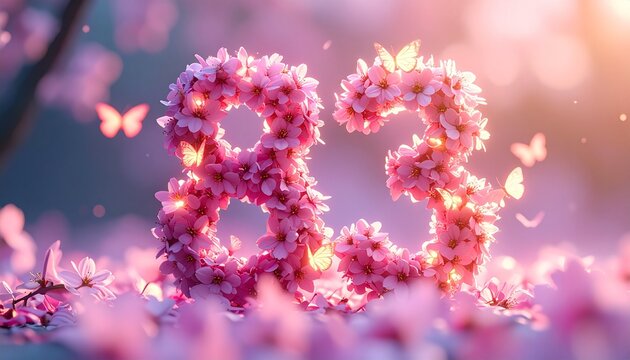 Pink flowers form the number 83 in a beautiful floral arrangement outdoors