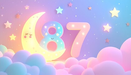 Fototapeta premium A whimsical nighttime scene features a smiling crescent moon and the number eighty-seven amidst colorful clouds and stars.