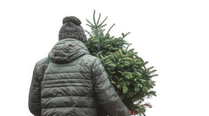 Fototapeta premium Person wearing winter jacket carrying a fresh green christmas tree isolated on transparent background