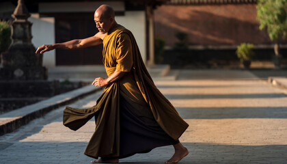 Naklejka premium A monk walking barefoot outdoors in traditional robes.