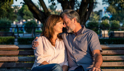 Fototapeta premium A couple sitting on a park bench, sharing a tender moment.