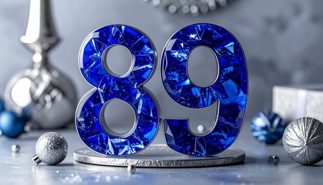 Blue numbers eighty-nine surrounded by silver and blue ornaments on gray surface indoors