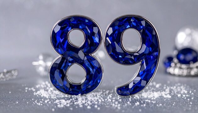 Numbers eighty-nine made of blue gemstones surrounded by salt and jewels on gray surface